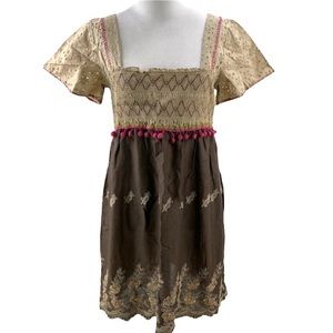 Free People Brown Embroidered Pom-Pom Dress